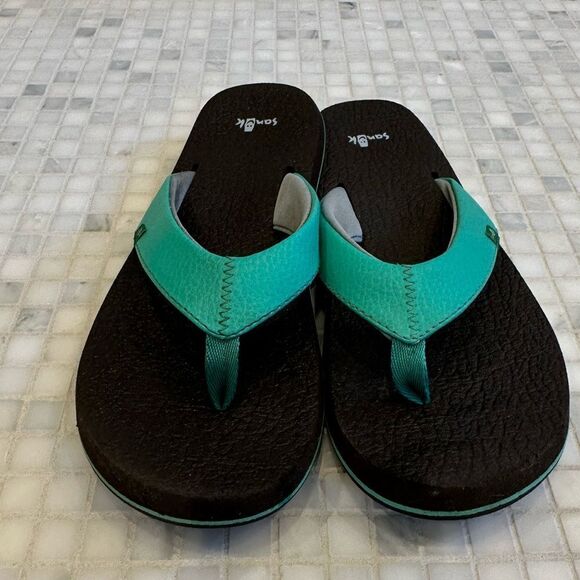 Sanuk Youth Yoga Mat Teal Flip Flop Sandals - Picture 2 of 9
